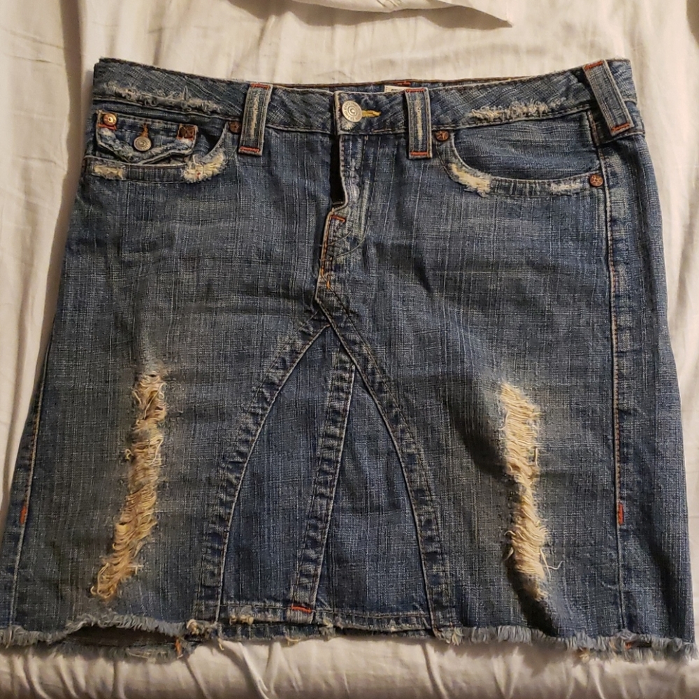 True Religion Joey Denim Skirt Flap Distressed